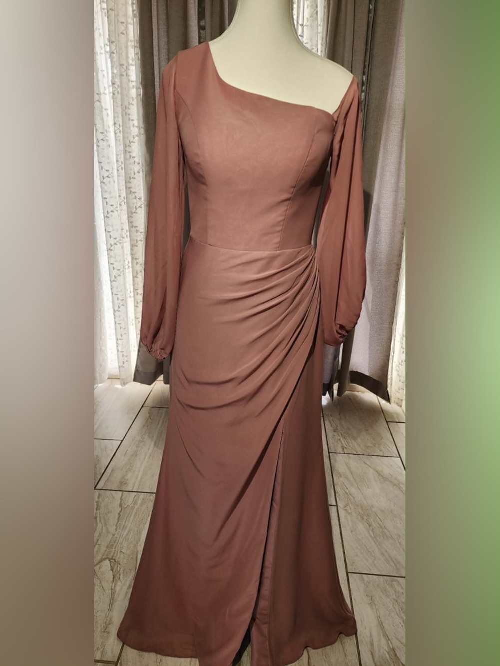 JJs House Dusty Rose Long-Sleeve Draped Gown